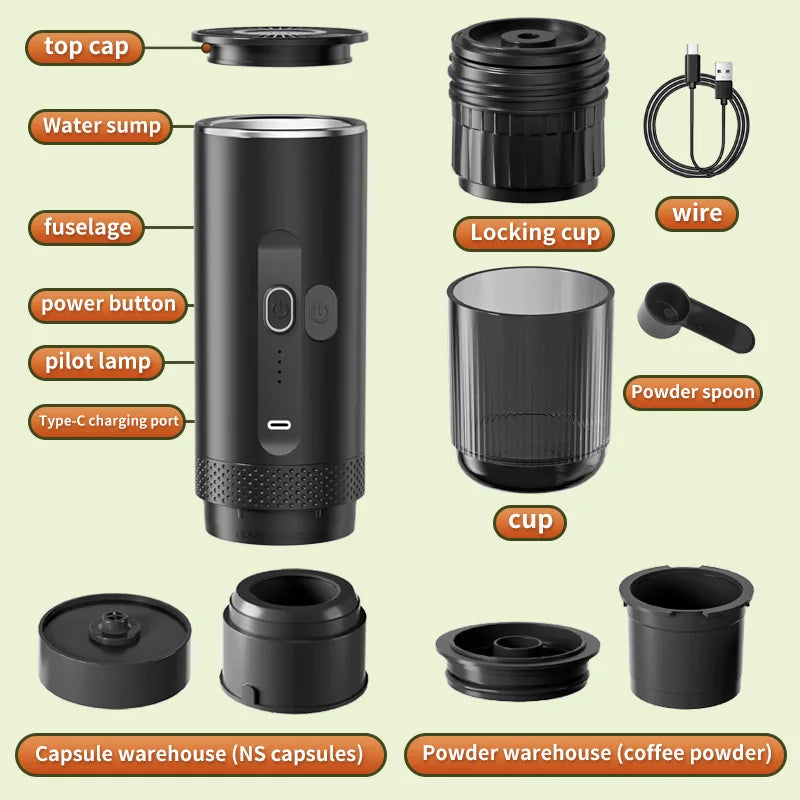 3-in-1 Wireless Electric Portable Espresso Coffee Machine Auto Heating Pump Press Capsule Powder Coffee Pot for Car&Home Camping