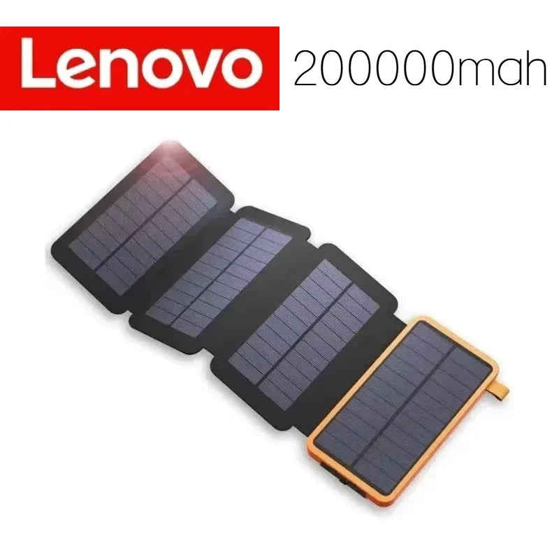 Lenovo LED Solar Power Bank 200000mAh 4 Solar Panels Wireless Charger Portable External Battery Flashlight for Outdoor Travel