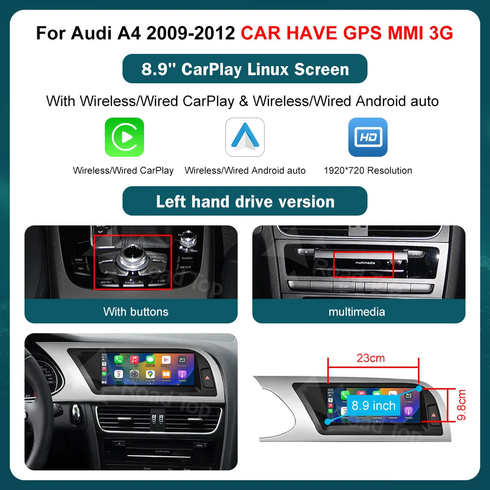 RoadTop 12.3 Inch Wireless CarPlay Multimedia Ultra-thin Screen Android Auto For Audi A4 2009-2012 Airplay Autolink Function