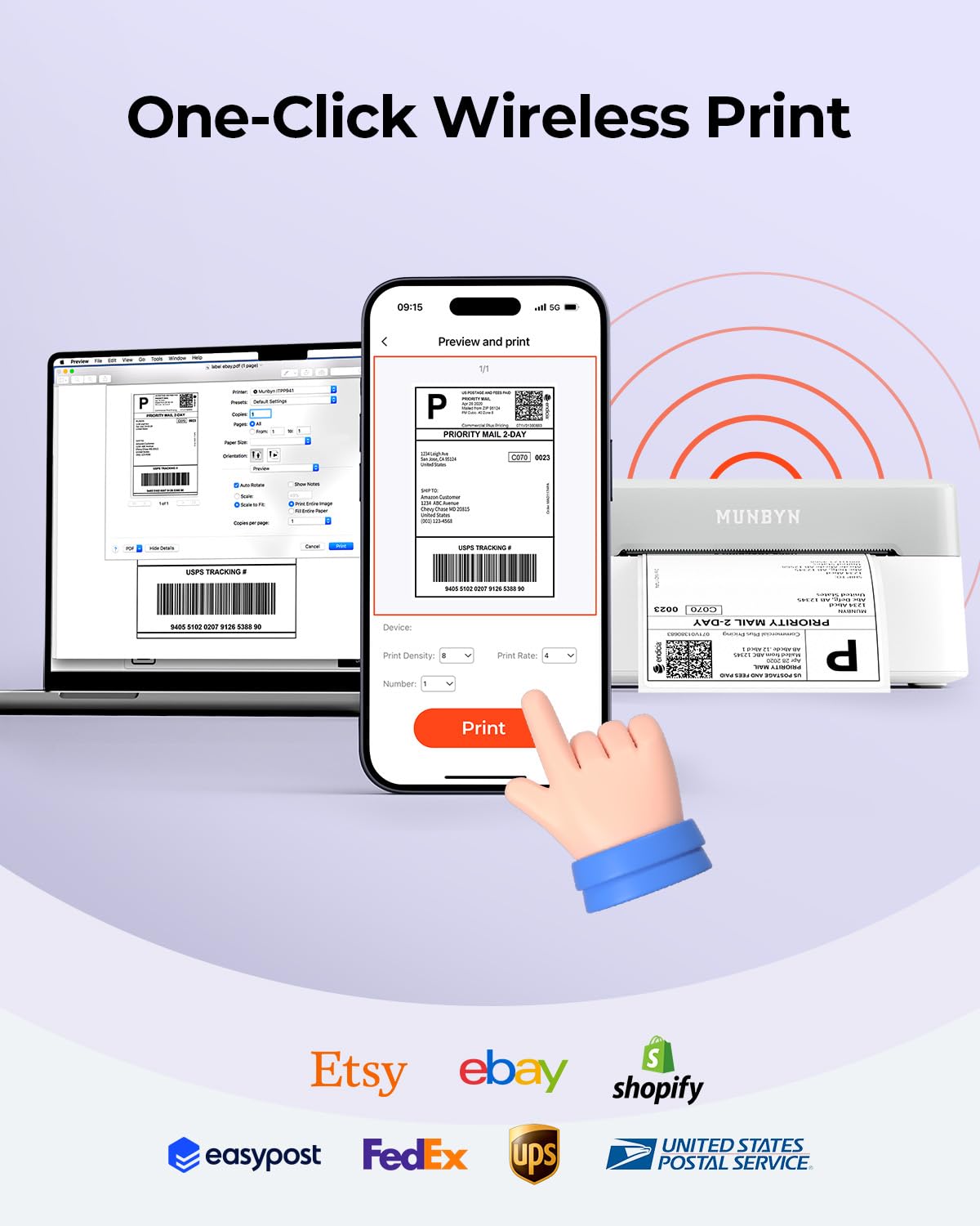 MUNBYN Bluetooth Shipping Label Printer, 4x6 Thermal Label Printer for Small Business, Compatible with iPhone, Android, Windows, macOS, Etsy, Shopify, eBay, Royal Mail, DHL, DPD, Evri, 403B, White