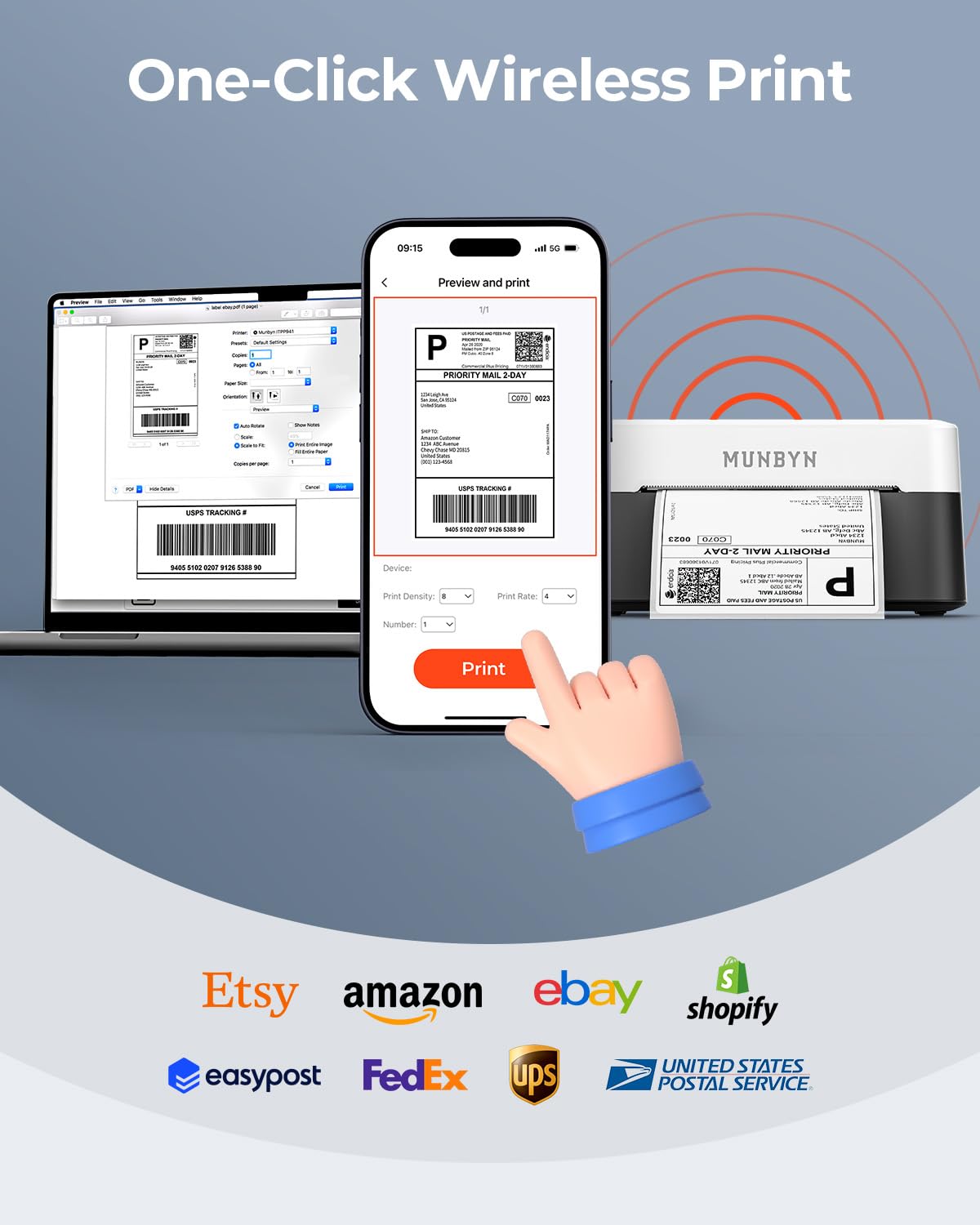MUNBYN Bluetooth Shipping Label Printer, 4x6 Thermal Label Printer for Small Business, Compatible with iPhone, Android, Windows, macOS, Etsy, Shopify, eBay, Royal Mail, DHL, DPD, Evri, 403B, White