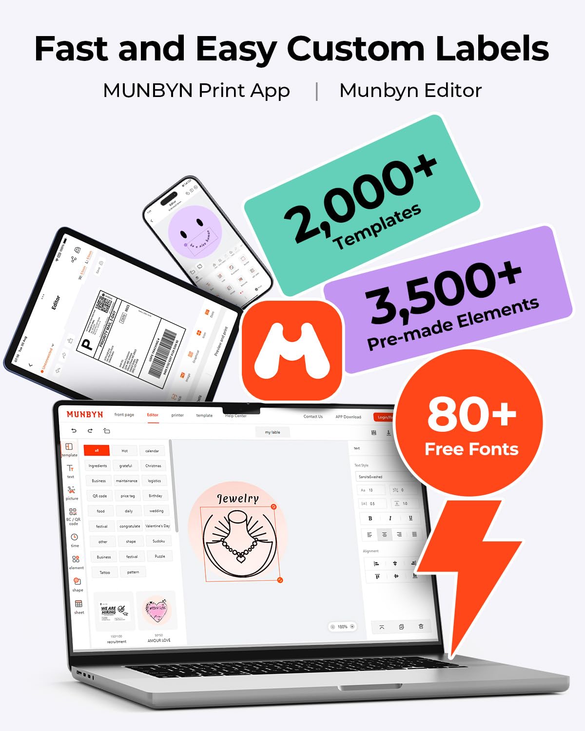 MUNBYN Bluetooth Shipping Label Printer, 4x6 Thermal Label Printer for Small Business, Compatible with iPhone, Android, Windows, macOS, Etsy, Shopify, eBay, Royal Mail, DHL, DPD, Evri, 403B, White