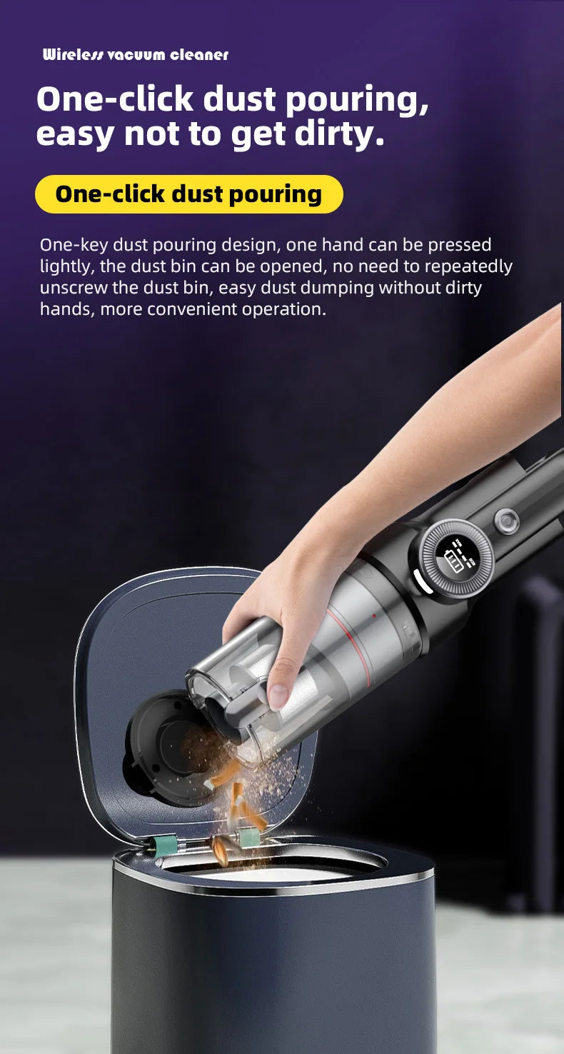 Ultra-Quiet High-Power Brushless Vacuum Cleaner with Digital Battery Display Cyclonic Dust Cup Multi-Use for Car/Home/Office