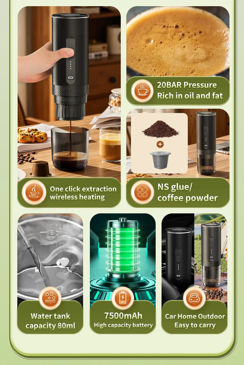 3-in-1 Wireless Electric Portable Espresso Coffee Machine Auto Heating Pump Press Capsule Powder Coffee Pot for Car&Home Camping