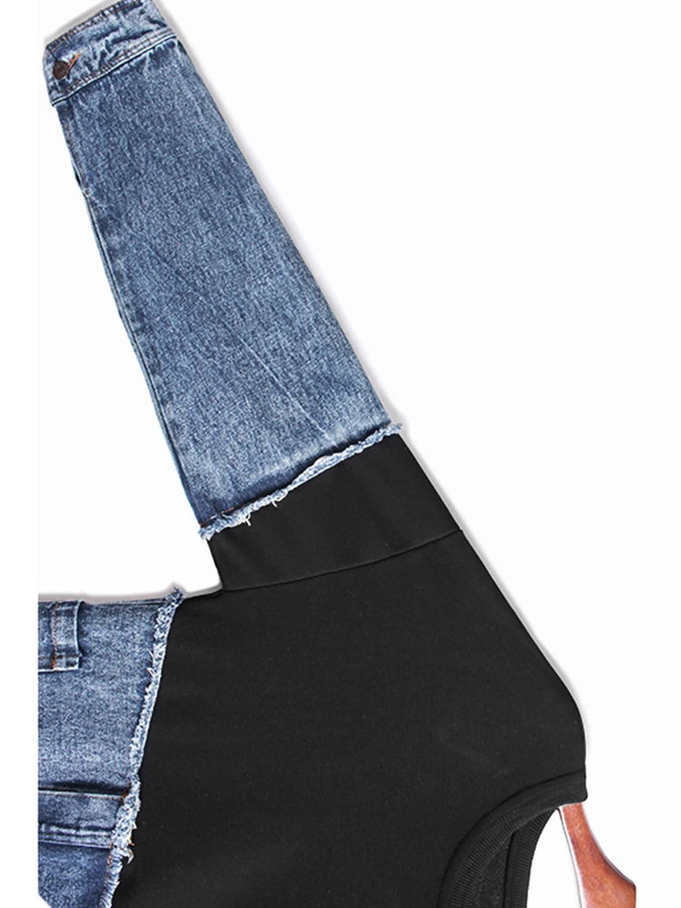 [EAM] Black Denim Irregular Casual Sweatshirt New Round Neck Long Sleeve Women Big Size Fashion Tide Spring Autumn 2026 1DH5370