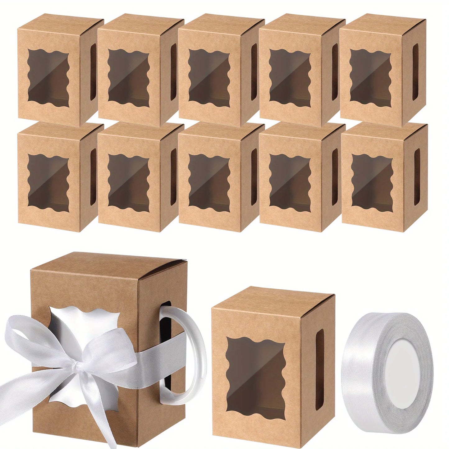 12Pcs Mug Gift Boxes with 1 Roll of Ribbon, Transparent Gift Packaging Box for Wrapping 11-12oz Blank Sublimation Mugs, Mugs Wine