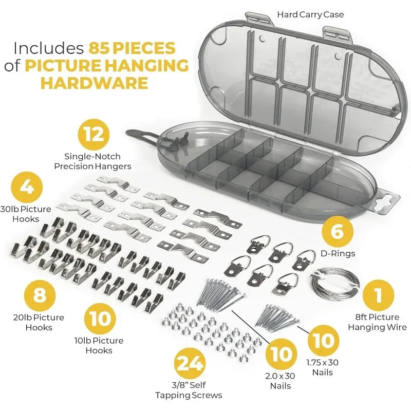 All-in-One Picture Hanging Kit Picture Leveling and Hanging Tool Sawtooth/Wire Hangers Hardware Case with 85-Piece Essentials