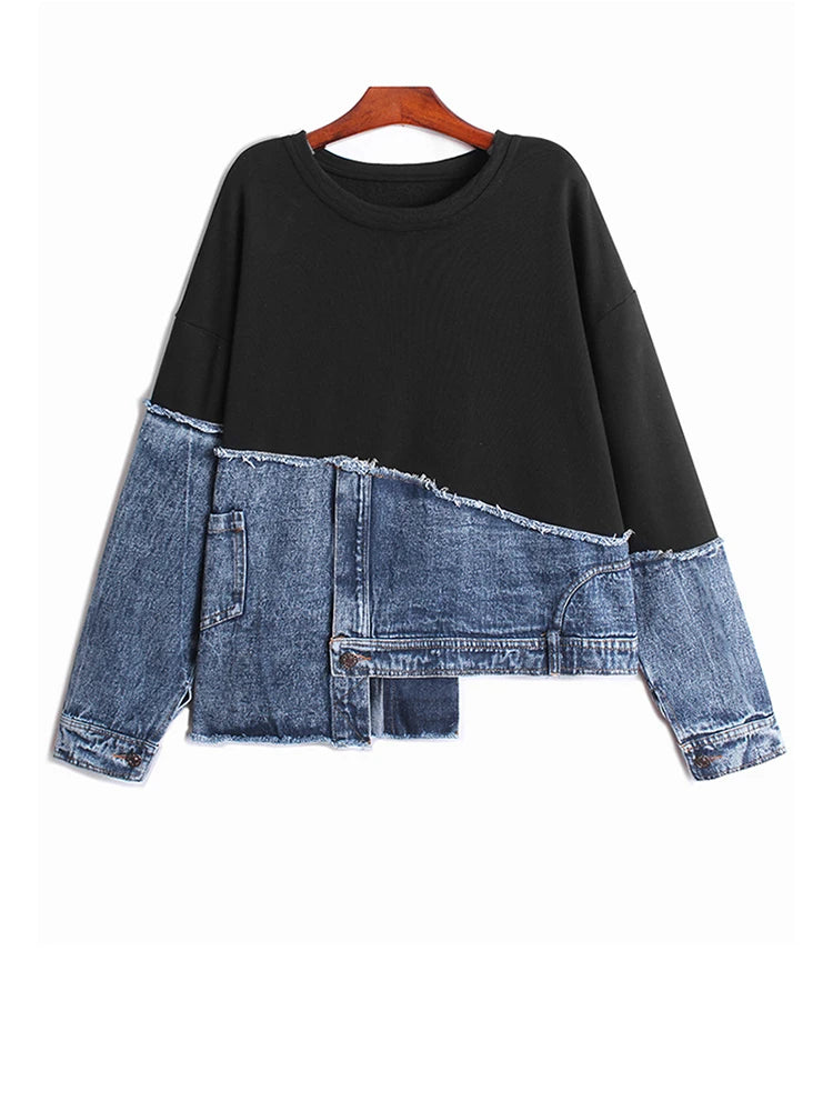 [EAM] Black Denim Irregular Casual Sweatshirt New Round Neck Long Sleeve Women Big Size Fashion Tide Spring Autumn 2026 1DH5370
