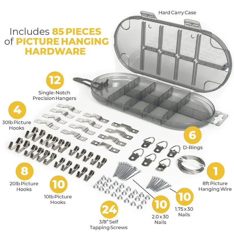 All-in-One Picture Hanging Kit Picture Leveling and Hanging Tool Sawtooth/Wire Hangers Hardware Case with 85-Piece Essentials