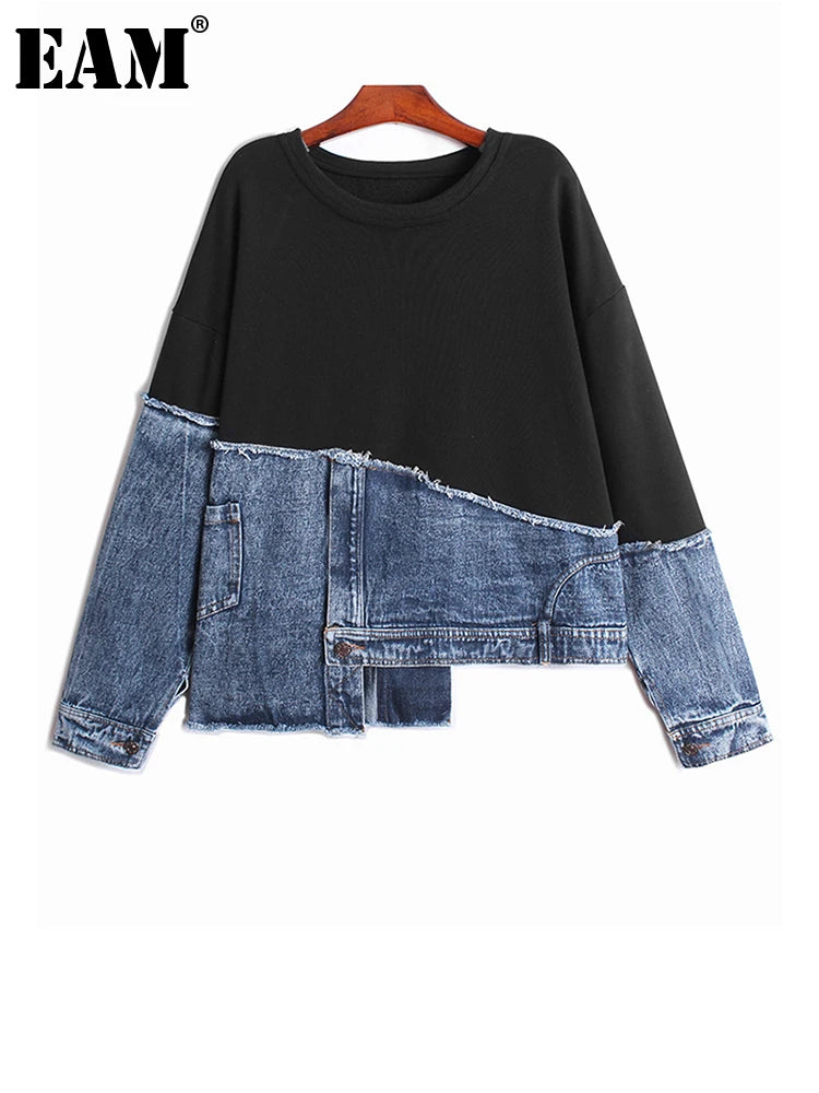 [EAM] Black Denim Irregular Casual Sweatshirt New Round Neck Long Sleeve Women Big Size Fashion Tide Spring Autumn 2026 1DH5370