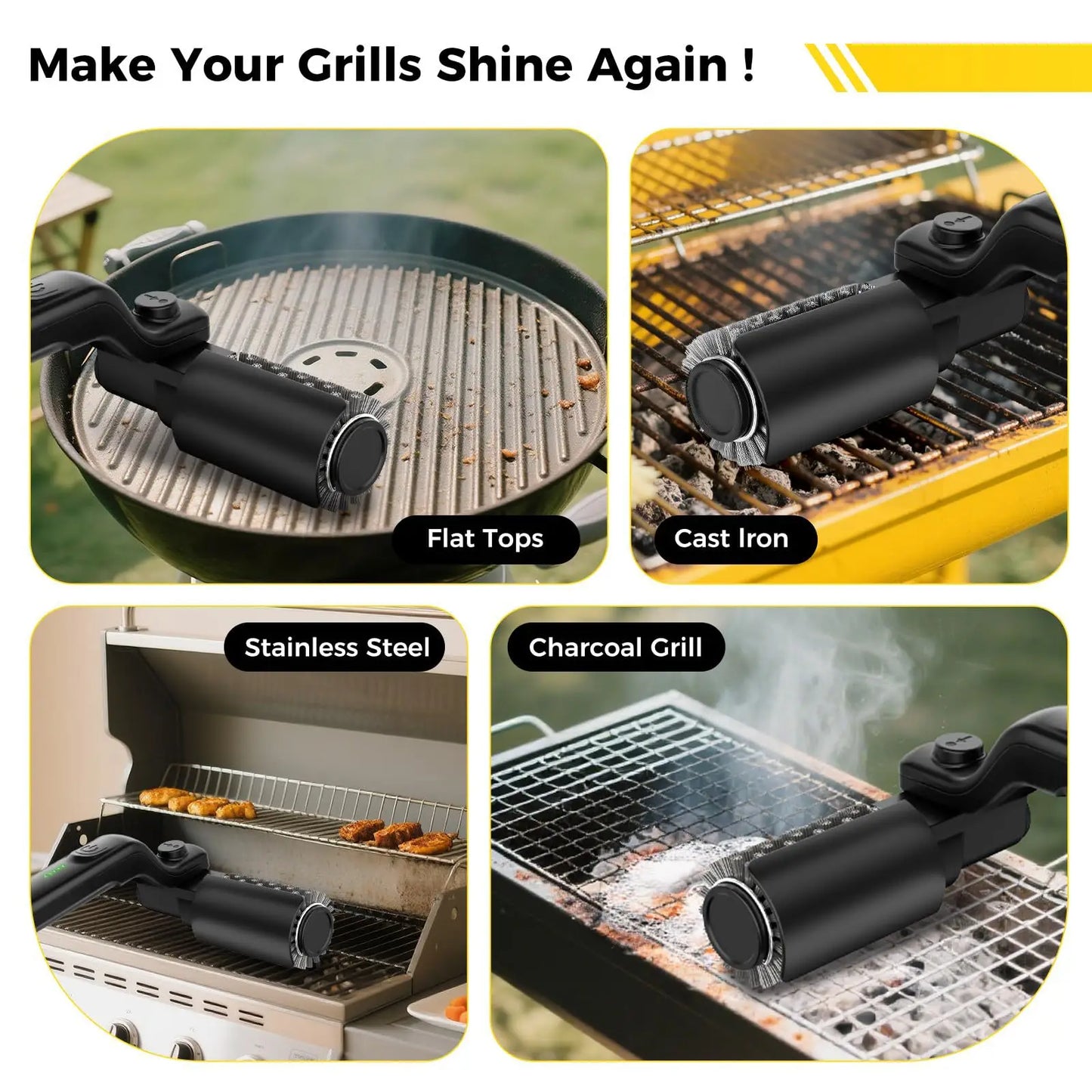 Electric Grill Brush 3-Speed Rechargeable BBQ Cleaner with 2 Brush Heads IPX7 180° Rotating Grill Scrubber For Barbecue Grates