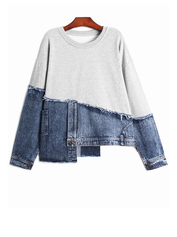[EAM] Black Denim Irregular Casual Sweatshirt New Round Neck Long Sleeve Women Big Size Fashion Tide Spring Autumn 2026 1DH5370