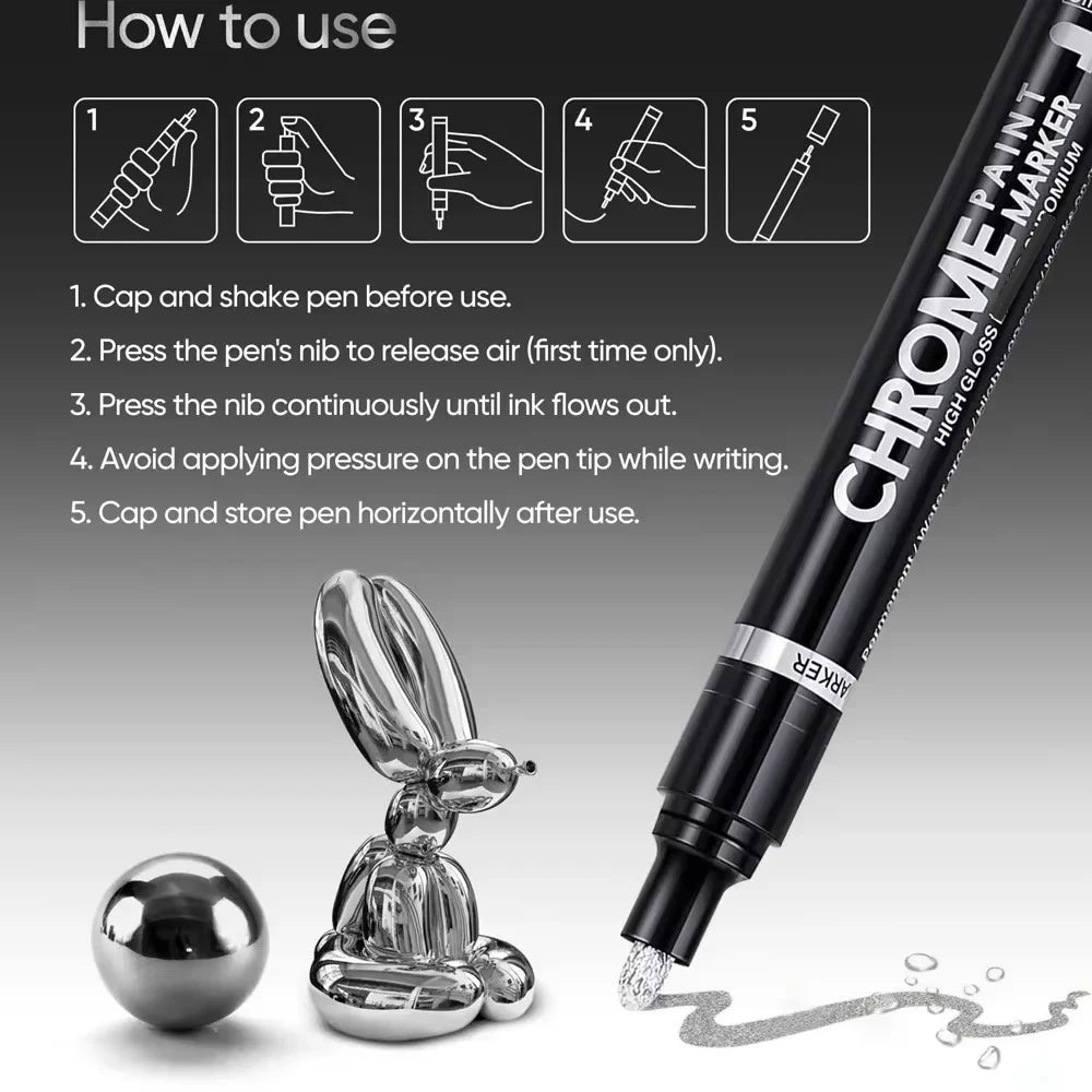 5/1pcs Chrome Pen Marker Mirror Waterproof Paint Repair For Rock Ceramic Glass Metallic Gold/Silver 2mm Nib