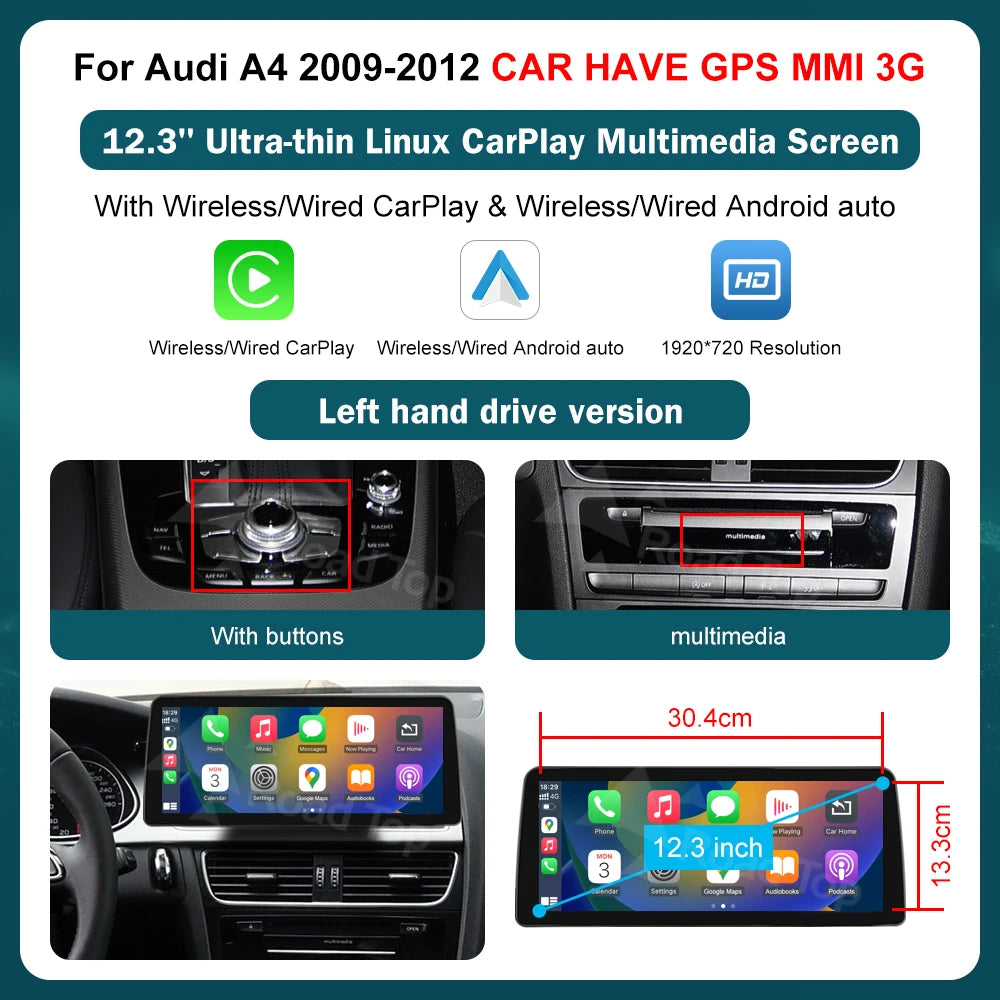 RoadTop 12.3 Inch Wireless CarPlay Multimedia Ultra-thin Screen Android Auto For Audi A4 2009-2012 Airplay Autolink Function