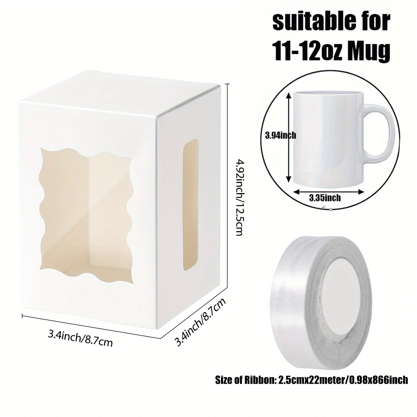 12Pcs Mug Gift Boxes with 1 Roll of Ribbon, Transparent Gift Packaging Box for Wrapping 11-12oz Blank Sublimation Mugs, Mugs Wine