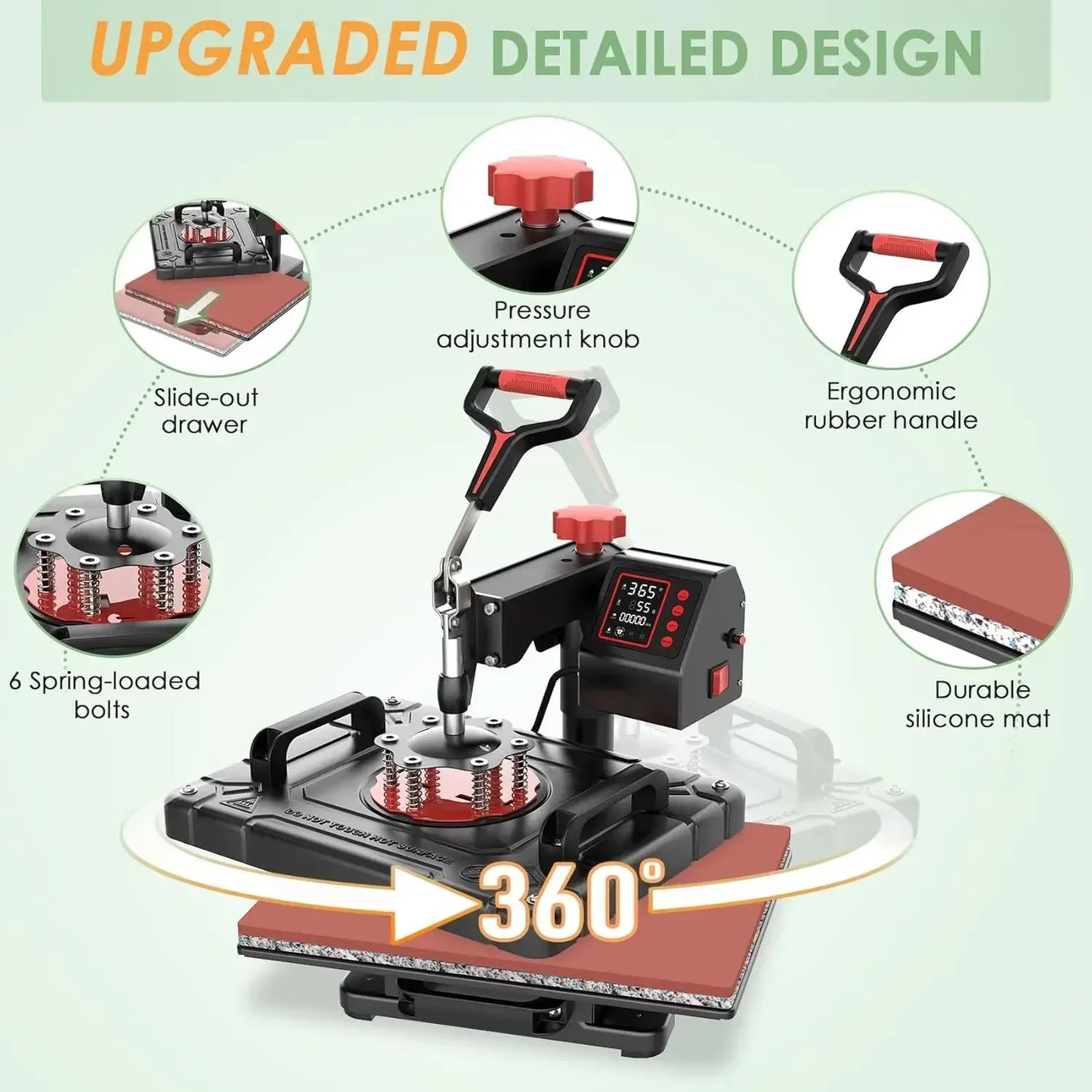 5 in 1 Heat Press Machine Sublimation Heat Press 360° Swing Away Heat Transfer Digital T-Shirt Pressing Multifunction Combo