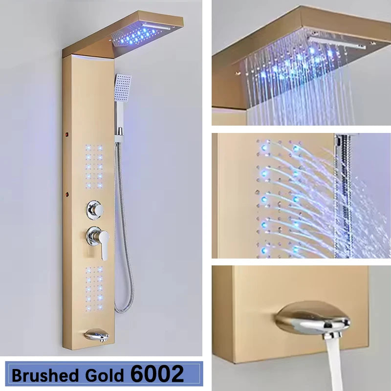 Black LED Shower Panel Tower System Rain Waterfall Shower Column Hydroelectricity Massage Body Spa Bath Shower Faucet Mixer