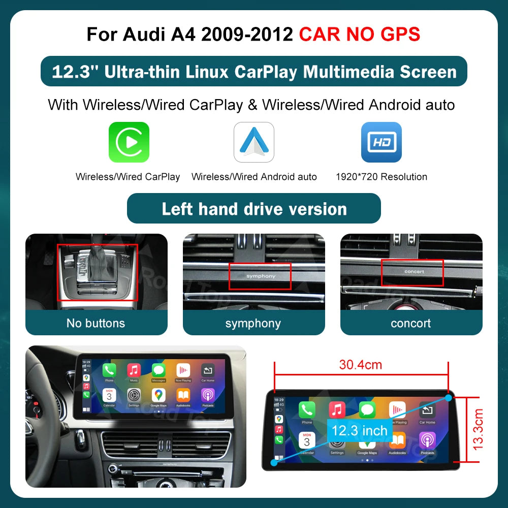RoadTop 12.3 Inch Wireless CarPlay Multimedia Ultra-thin Screen Android Auto For Audi A4 2009-2012 Airplay Autolink Function