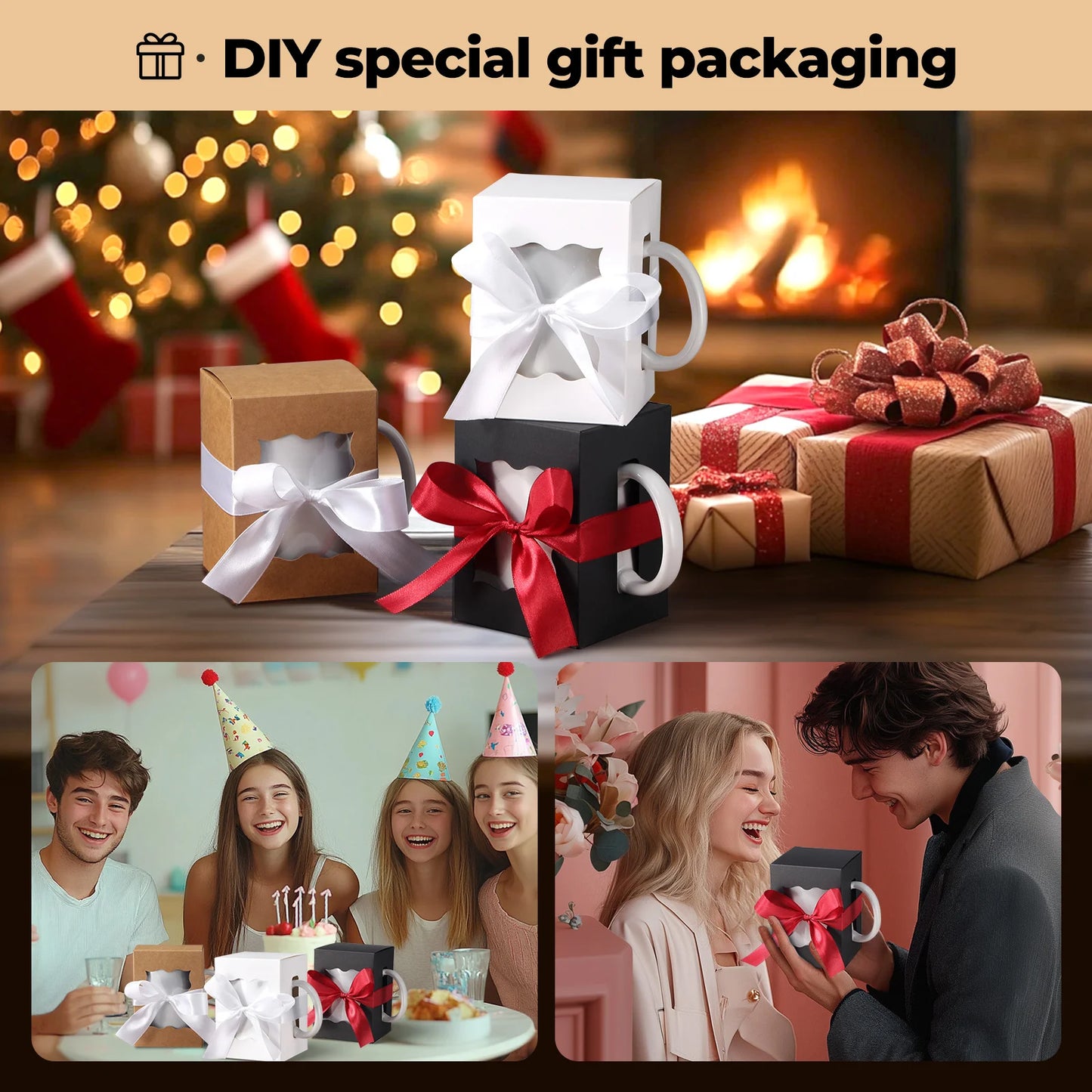 12Pcs Mug Gift Boxes with 1 Roll of Ribbon, Transparent Gift Packaging Box for Wrapping 11-12oz Blank Sublimation Mugs, Mugs Wine
