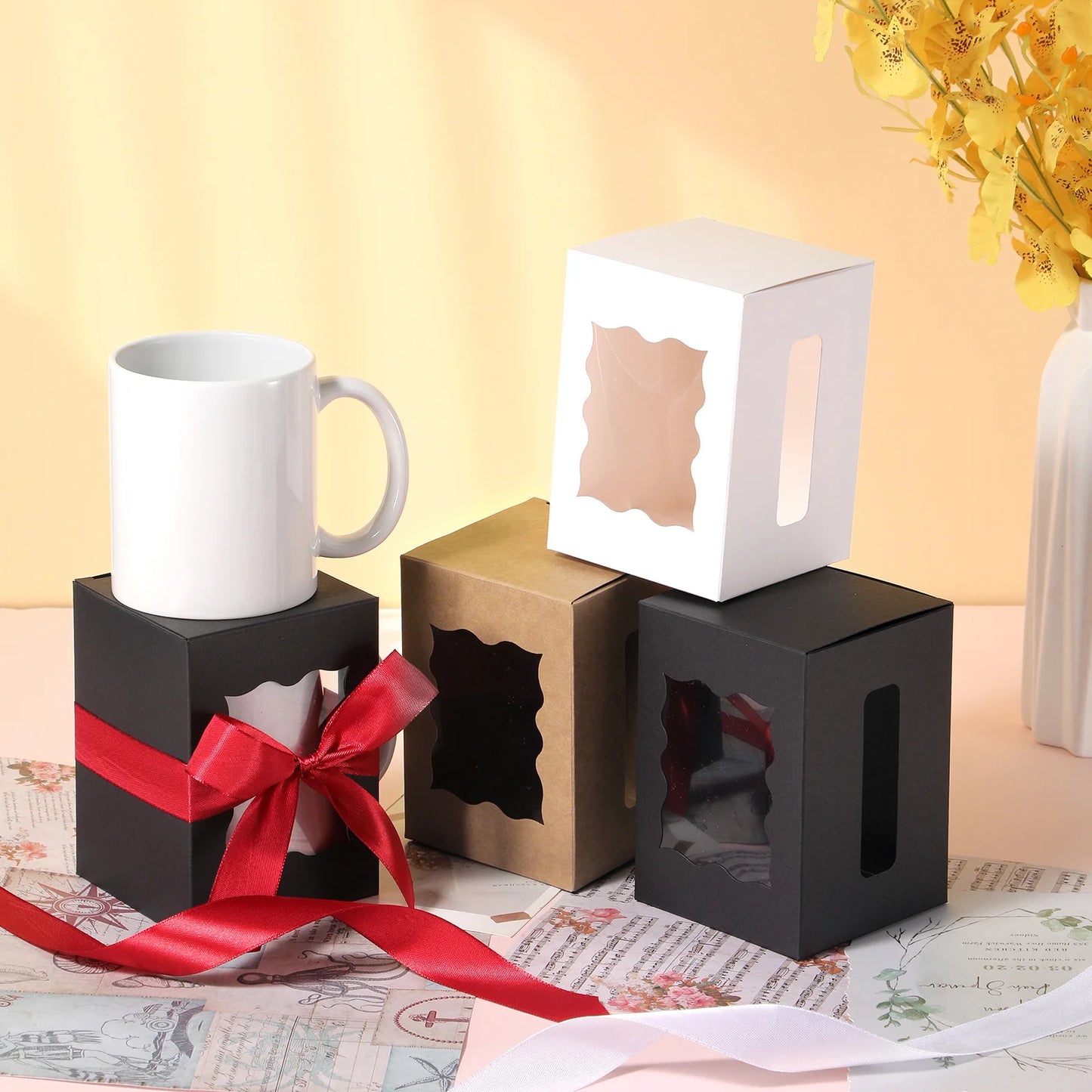 12Pcs Mug Gift Boxes with 1 Roll of Ribbon, Transparent Gift Packaging Box for Wrapping 11-12oz Blank Sublimation Mugs, Mugs Wine