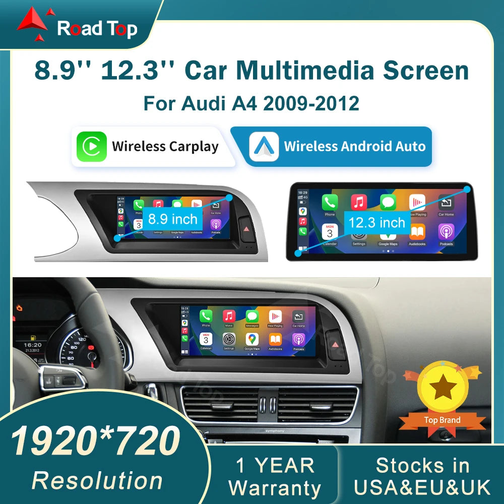 RoadTop 12.3 Inch Wireless CarPlay Multimedia Ultra-thin Screen Android Auto For Audi A4 2009-2012 Airplay Autolink Function