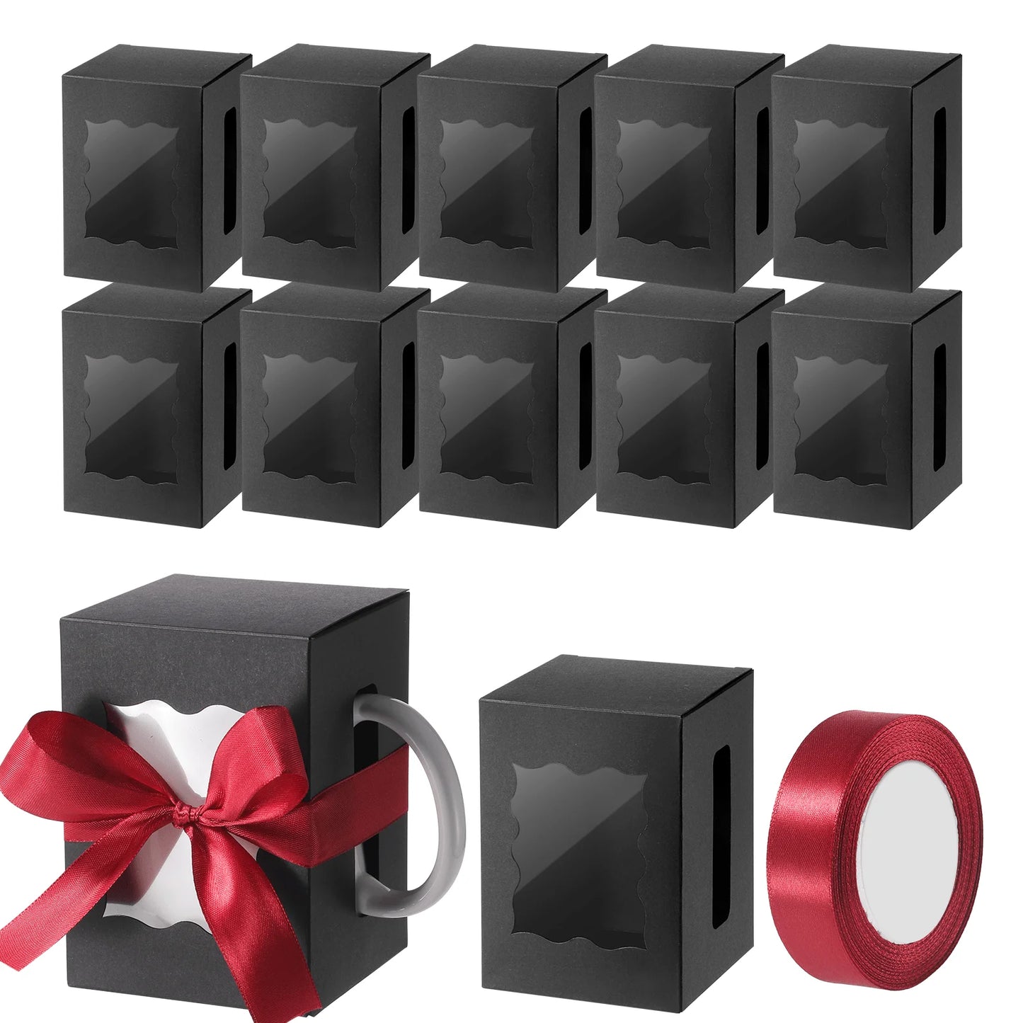 12Pcs Mug Gift Boxes with 1 Roll of Ribbon, Transparent Gift Packaging Box for Wrapping 11-12oz Blank Sublimation Mugs, Mugs Wine