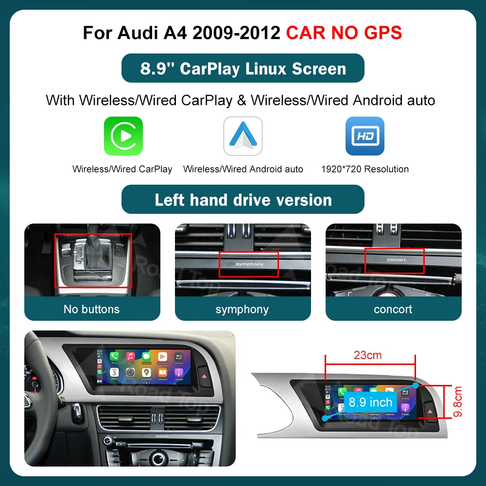 RoadTop 12.3 Inch Wireless CarPlay Multimedia Ultra-thin Screen Android Auto For Audi A4 2009-2012 Airplay Autolink Function