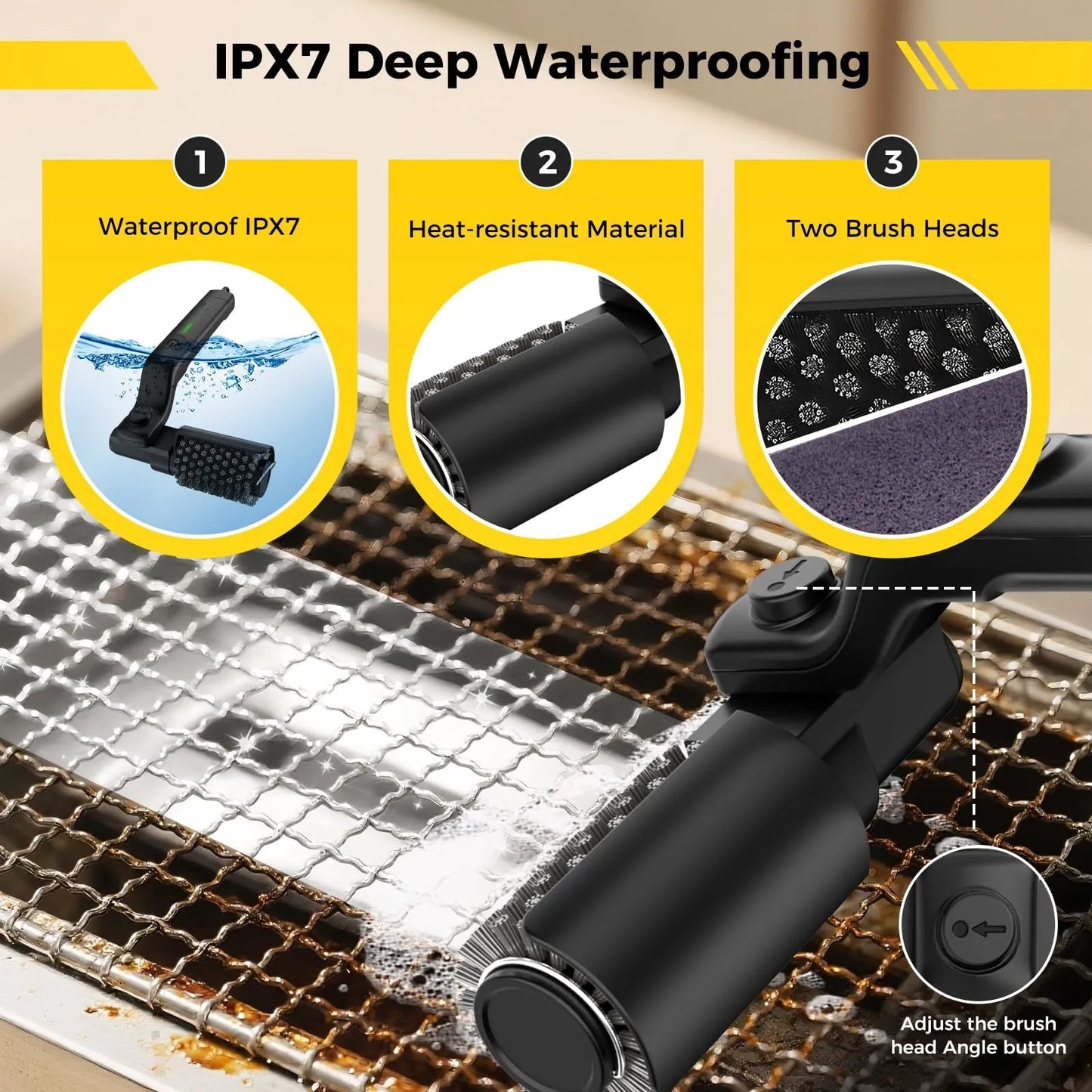 Electric Grill Brush 3-Speed Rechargeable BBQ Cleaner with 2 Brush Heads IPX7 180° Rotating Grill Scrubber For Barbecue Grates