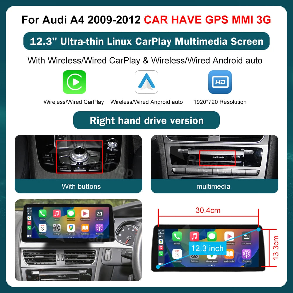 RoadTop 12.3 Inch Wireless CarPlay Multimedia Ultra-thin Screen Android Auto For Audi A4 2009-2012 Airplay Autolink Function