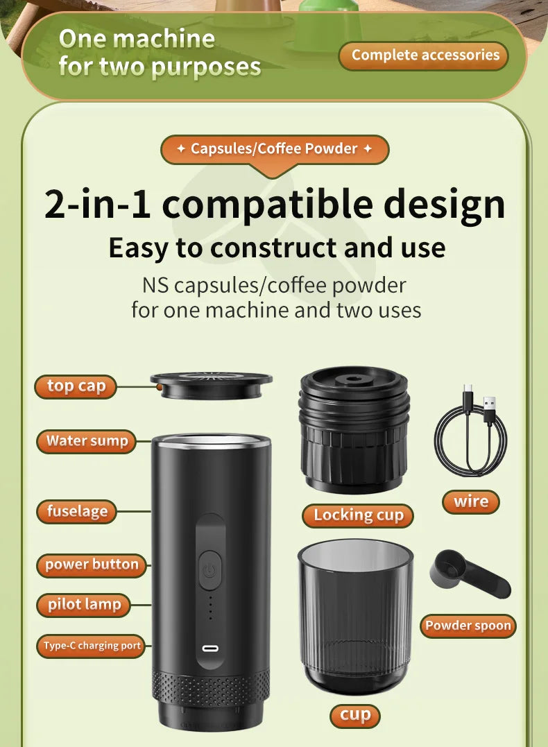 3-in-1 Wireless Electric Portable Espresso Coffee Machine Auto Heating Pump Press Capsule Powder Coffee Pot for Car&Home Camping