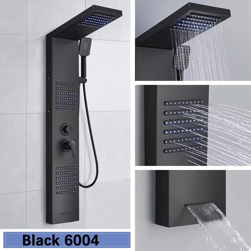 Black LED Shower Panel Tower System Rain Waterfall Shower Column Hydroelectricity Massage Body Spa Bath Shower Faucet Mixer