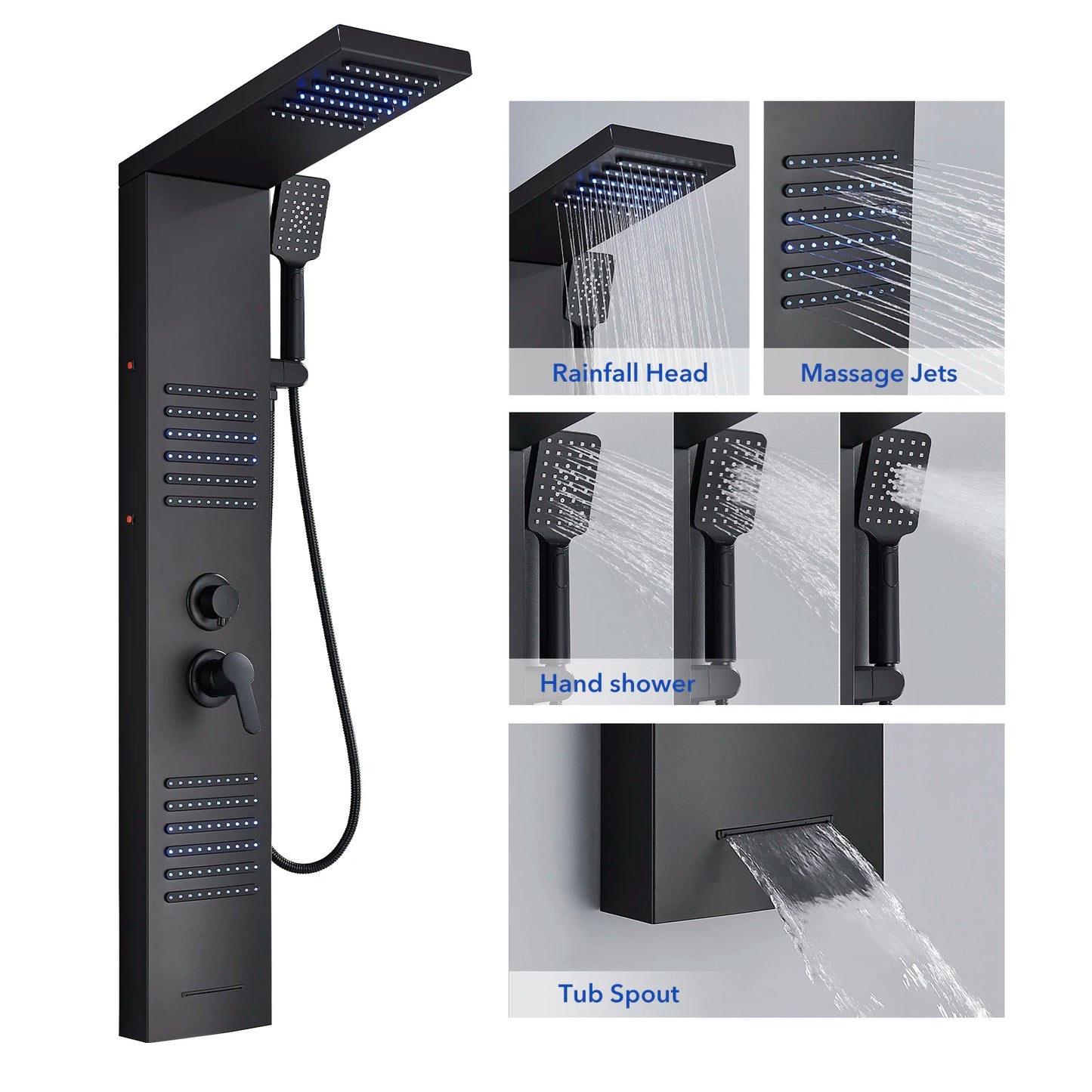 Black LED Shower Panel Tower System Rain Waterfall Shower Column Hydroelectricity Massage Body Spa Bath Shower Faucet Mixer