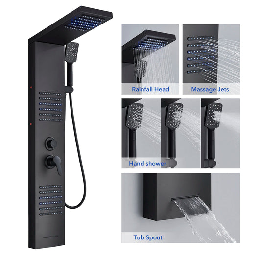 Black LED Shower Panel Tower System Rain Waterfall Shower Column Hydroelectricity Massage Body Spa Bath Shower Faucet Mixer