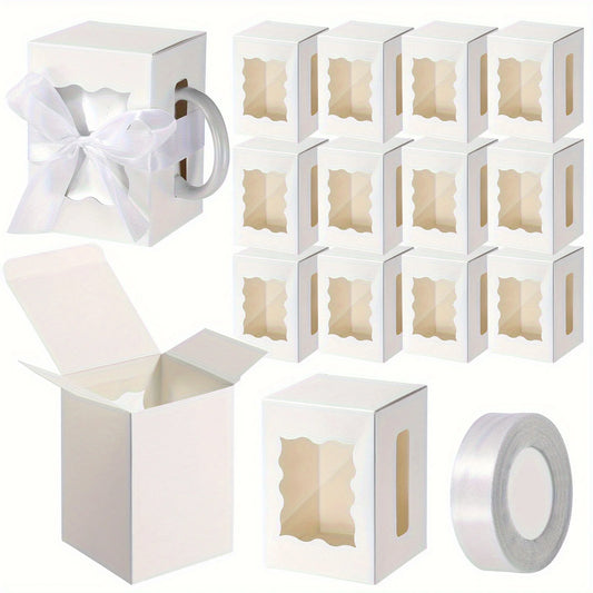 12Pcs Mug Gift Boxes with 1 Roll of Ribbon, Transparent Gift Packaging Box for Wrapping 11-12oz Blank Sublimation Mugs, Mugs Wine