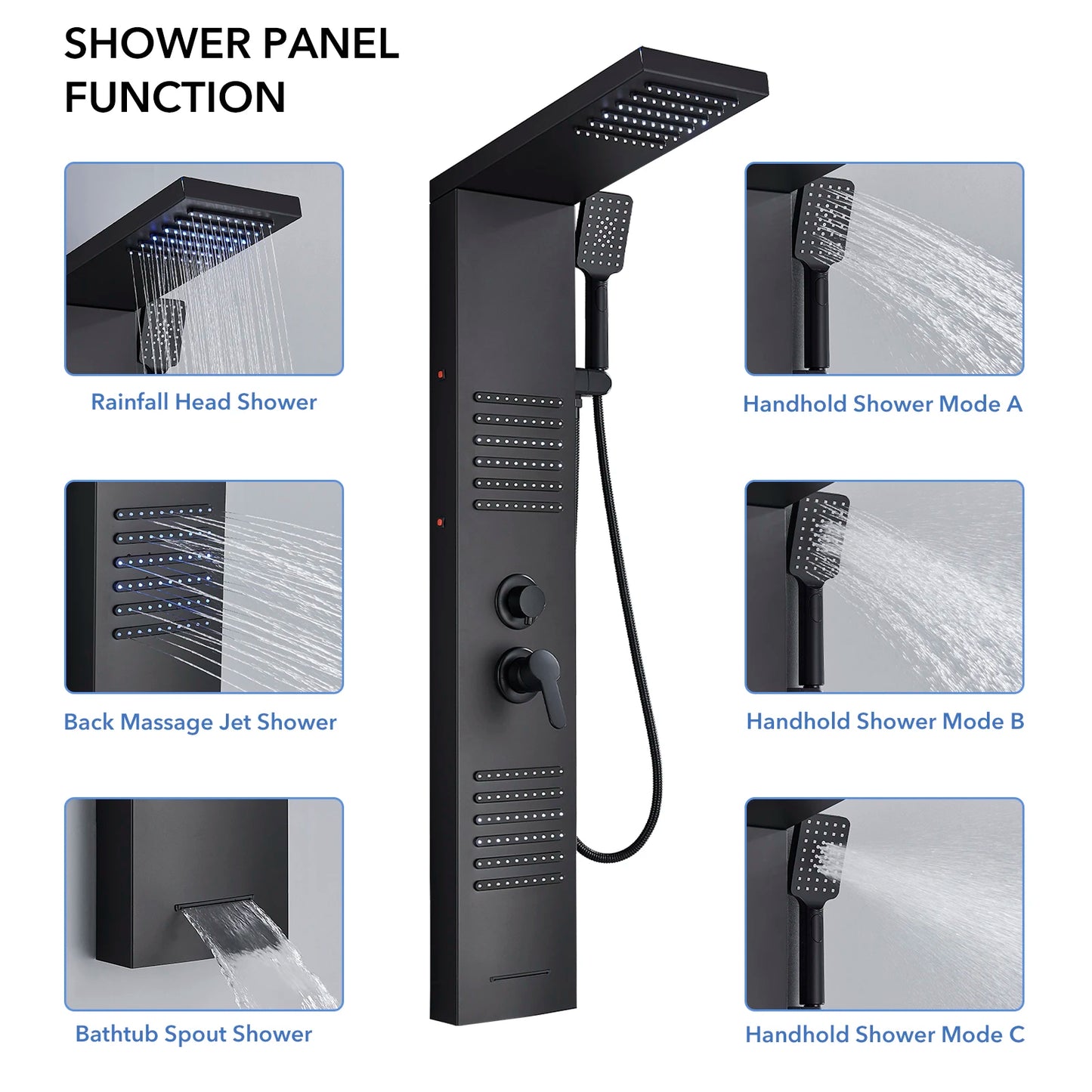 Black LED Shower Panel Tower System Rain Waterfall Shower Column Hydroelectricity Massage Body Spa Bath Shower Faucet Mixer