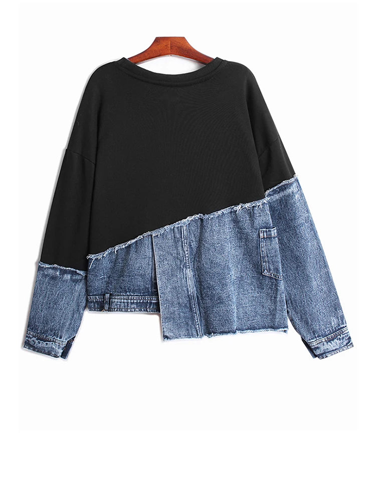 [EAM] Black Denim Irregular Casual Sweatshirt New Round Neck Long Sleeve Women Big Size Fashion Tide Spring Autumn 2026 1DH5370