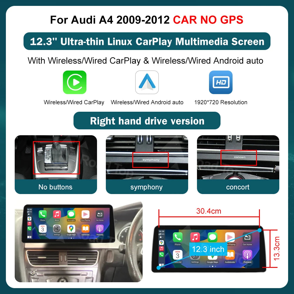 RoadTop 12.3 Inch Wireless CarPlay Multimedia Ultra-thin Screen Android Auto For Audi A4 2009-2012 Airplay Autolink Function