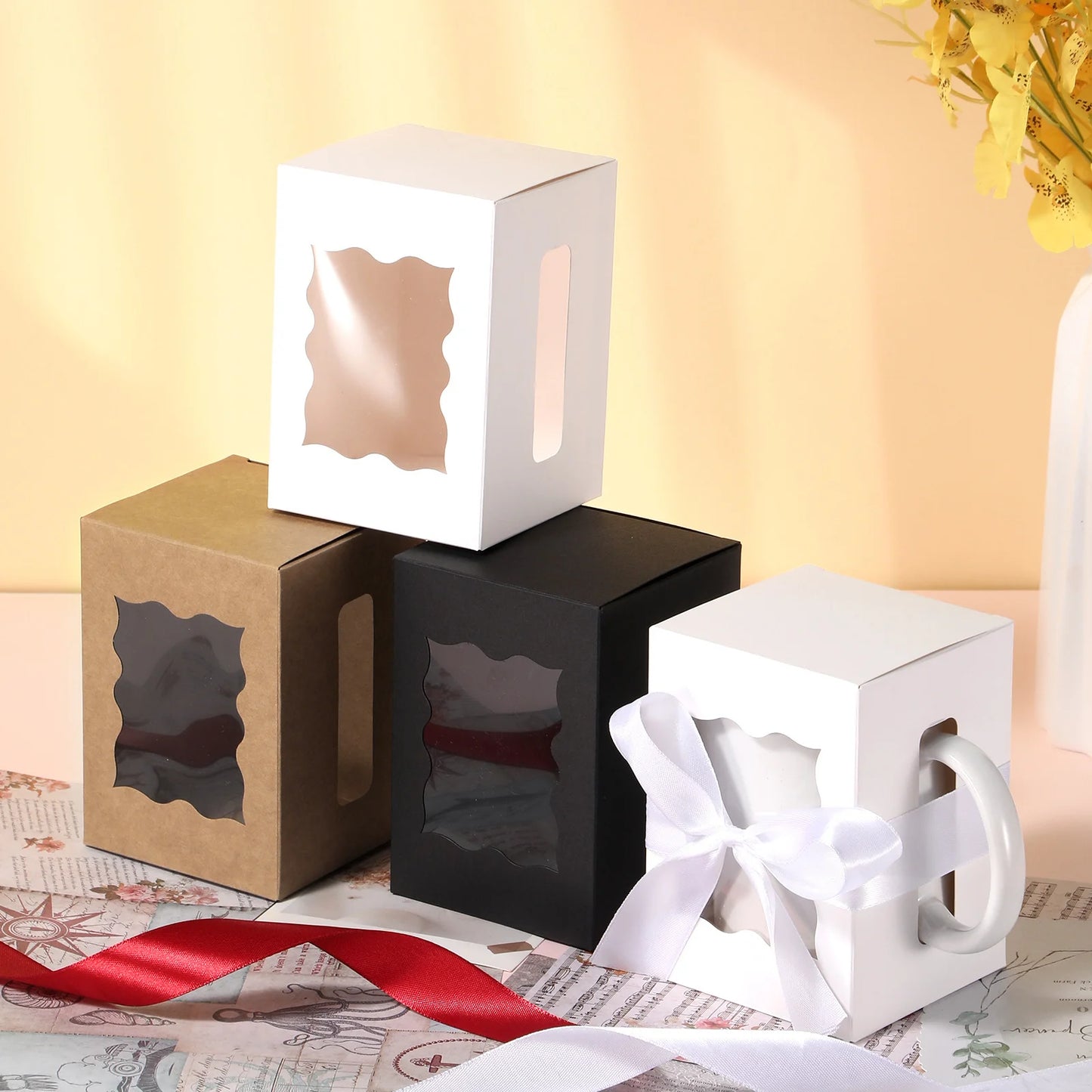 12Pcs Mug Gift Boxes with 1 Roll of Ribbon, Transparent Gift Packaging Box for Wrapping 11-12oz Blank Sublimation Mugs, Mugs Wine