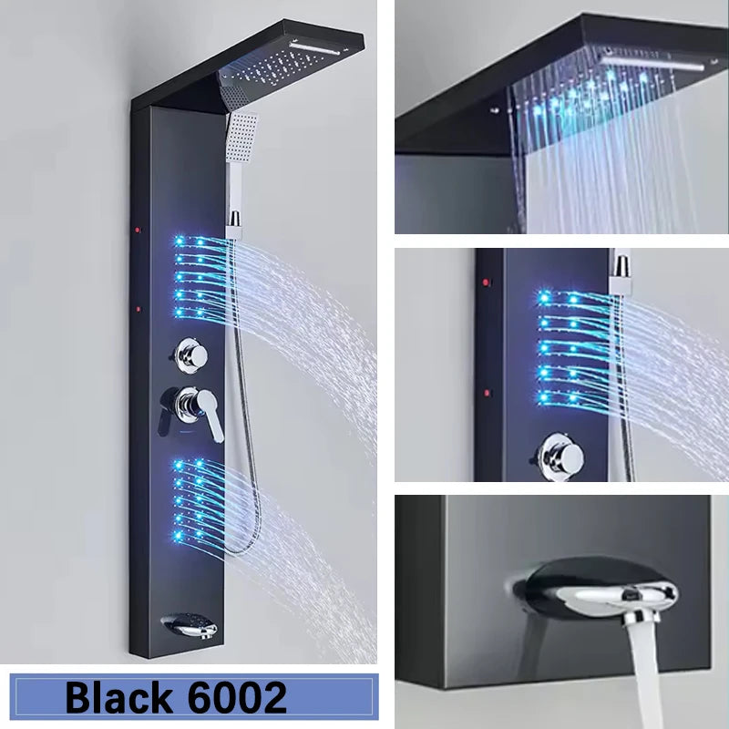 Black LED Shower Panel Tower System Rain Waterfall Shower Column Hydroelectricity Massage Body Spa Bath Shower Faucet Mixer