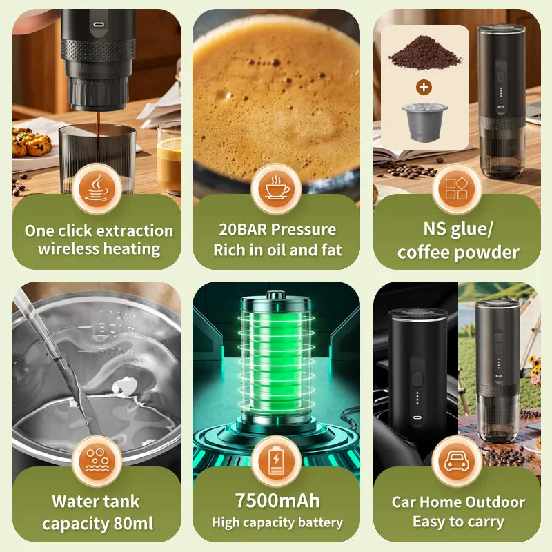 3-in-1 Wireless Electric Portable Espresso Coffee Machine Auto Heating Pump Press Capsule Powder Coffee Pot for Car&Home Camping