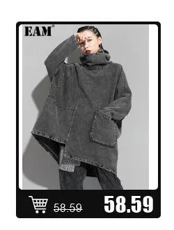 [EAM] Black Denim Irregular Casual Sweatshirt New Round Neck Long Sleeve Women Big Size Fashion Tide Spring Autumn 2026 1DH5370