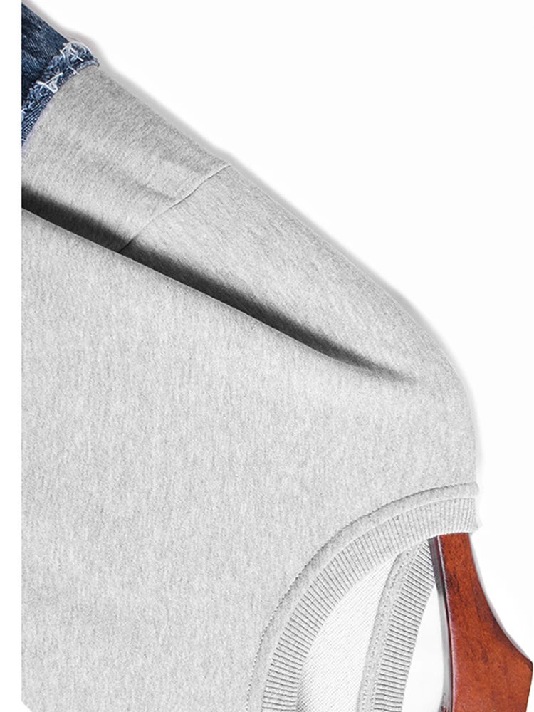 [EAM] Black Denim Irregular Casual Sweatshirt New Round Neck Long Sleeve Women Big Size Fashion Tide Spring Autumn 2026 1DH5370